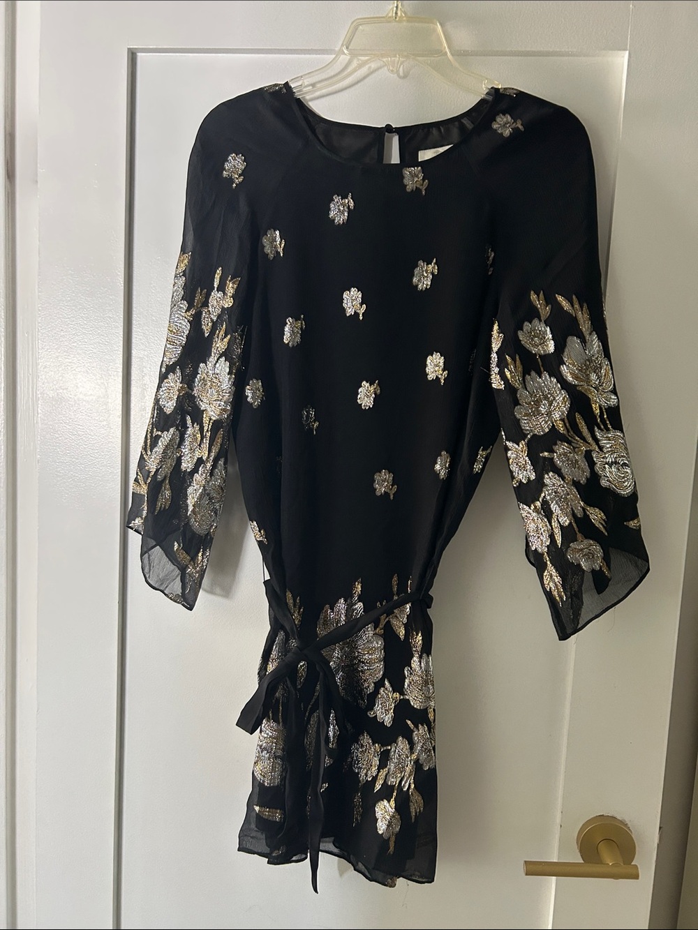 Miguelina Black Floral Metallic Embroidered Women's Dress
